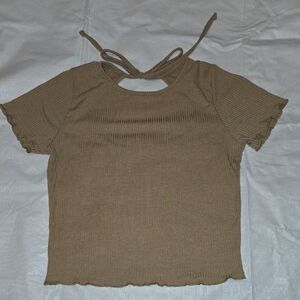 Caution To The Wind Tan Ribbed Short Sleeve Top